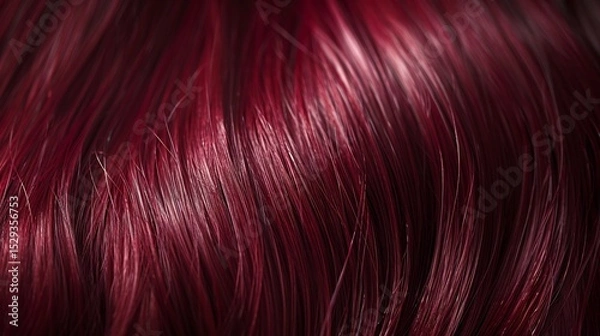 Fototapeta Close up of sleek burgundy red straight hair showcasing rich hues and soft silky texture