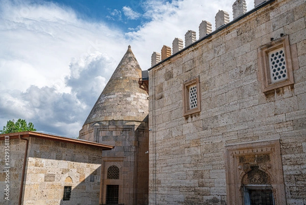 Fototapeta The scenic views of Eşrefoğlu Mosque, which is a 13th-century mosque situated  north of the Beyşehir Lake and the wooden columns are made of cedar in Beyşehir, Konya, Turkey