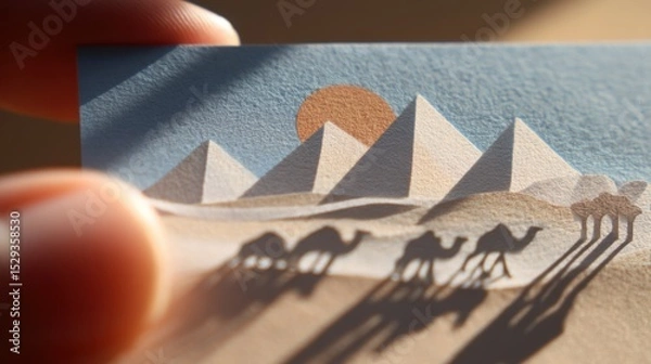 Fototapeta Ancient Wisdom Guiding Modern Paths: Papercut Art of Pyramids, Camels, and Golden Sun in Pastel Card Displayed by Fingers
