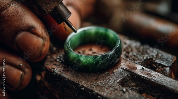 Fototapeta Close up of craftsman hand engraving green jade ring with tool, showcasing detailed jewelry making and skilled craftsmanship in rustic workshop environment