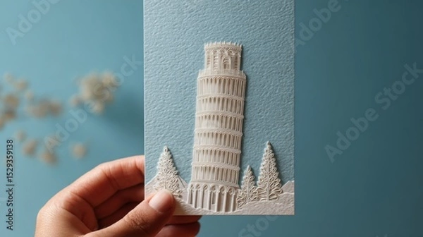 Fototapeta Harmony in Imperfection: Papercut Art of Leaning Tower on Pastel Card with Marble Textures and Soft Sky Background