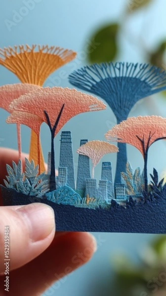 Fototapeta Tranquil Skies of Singapore: Peach and Blue Papercut Cityscape Offering with Precision Gardens - Artistic Papercutting Craft