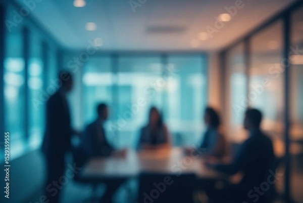 Fototapeta Abstract Blurred Interior of a Modern Office Space with Business People Meeting Around a Table Bathed in Soft Blue and Orange Ambient Lighting Corporate Concept Background