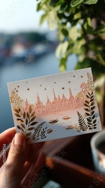 Fototapeta Bangkok Skyline Papercutting: Harmony in Chaos and Calm with Hand Holding Card, Temple Silhouettes, Riverboats in Soft Gold and Blush Pastels