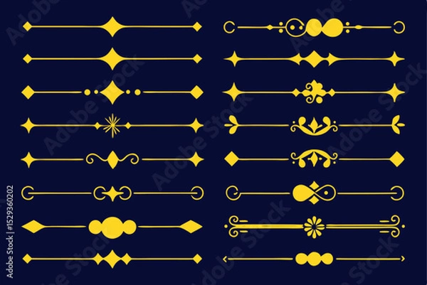Fototapeta Elegant gold line dividers with various decorative design elements on a dark background.