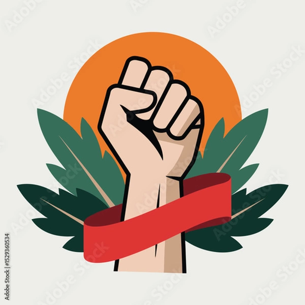 Obraz A raised fist with a red ribbon, surrounded by green leaves, symbolizes strength and unity