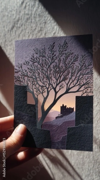 Fototapeta Memories of Resilience - Hand Holding Edinburgh Castle Papercut Art Against Dusky Sky in Charcoal and Violet Tones