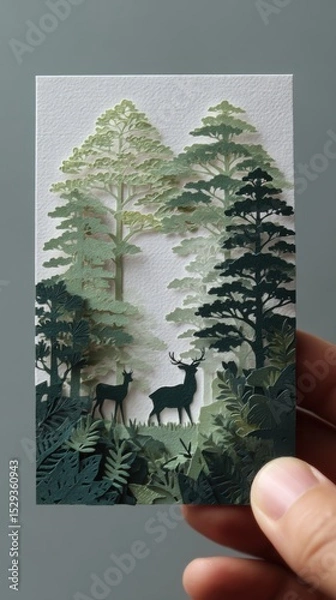 Fototapeta Enchanted Forest Journey - Papercut Art of Deer in Misty Woods Held by Fingertips, Symbolizing Discovery in Life Path