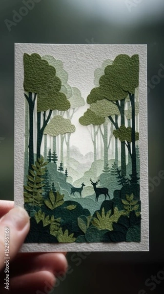 Fototapeta Enchanted Forest Discovery - Papercut Art with Deer and Trees | Tranquil Green and Grey Nature Scene in Card Held by Fingertips
