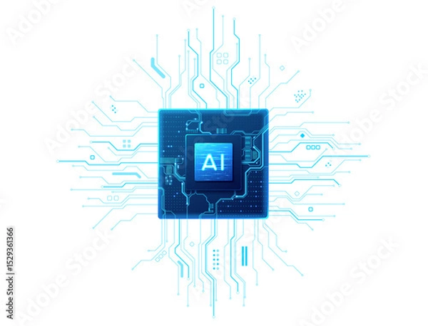 Fototapeta AIsolated abstract digital AI chip or semiconductor with circuit board wires and electronics components. Tech microchip or processor. Artificial Intelligence core. 