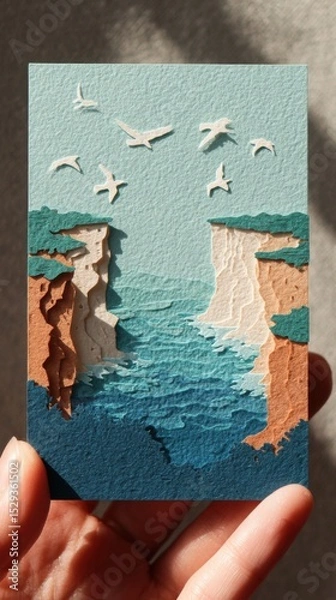 Fototapeta Resilient Coastline Papercut Art - Hand holding card of coastal cliff with waves, seagulls, symbolizing change and strength