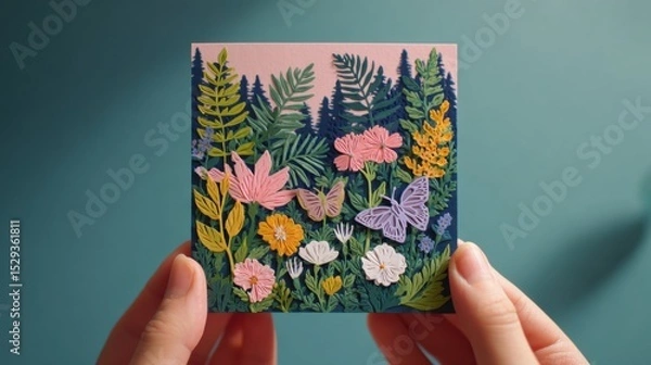 Fototapeta Spring Garden Paper Card with Butterflies and Blossoms - Symbol of Rebirth and New Beginnings in Papercutting Art