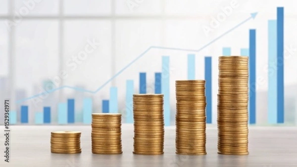 Fototapeta Stacks of coins illustrate financial growth against a backdrop of rising bar graphs, symbolizing investment and prosperity.
