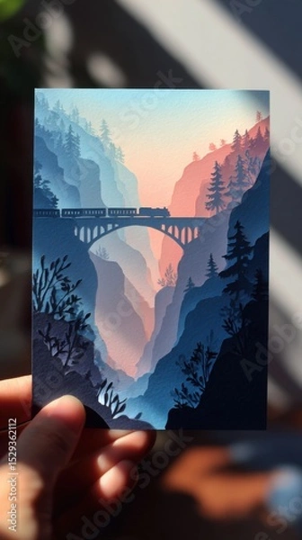 Fototapeta Hand holding papercut card with cliffside train in misty hills, pastel tones of speed and reflection blend, artistic motion concept