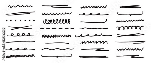 Fototapeta Hand drawn line brush doodle elements. Scribble pencil pen marker sketch vector texture. Handwritten grunge strokes, shapes and emphasis for design. Vector illustration.