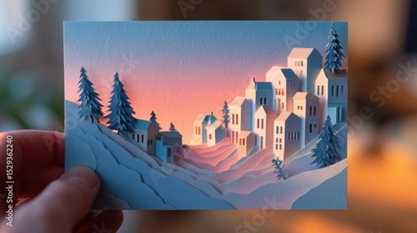 Fototapeta Tranquil Snowy Village Papercut Art - Serene Handheld Scene of Solitude and Change with Pastel Sky Background