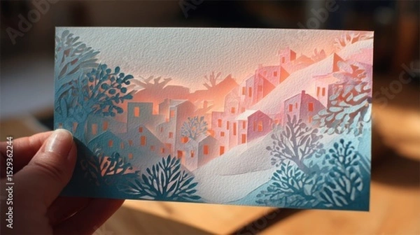 Fototapeta Tranquil Winter Village Papercut Held in Hand - Solitude and Silent Change in Pastel Sky Scene