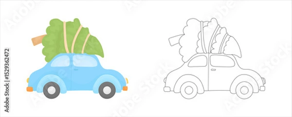 Obraz New Year coloring page for children with a car carrying a Christmas tree.
