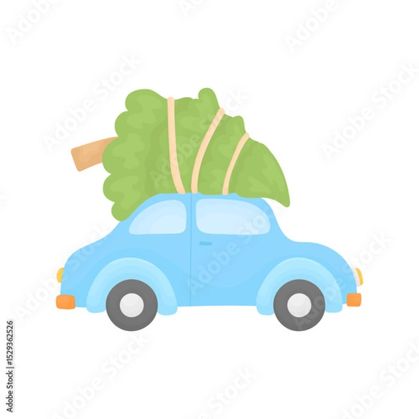 Obraz Car with Christmas tree. Element of the New Year. Illustration for a postcard