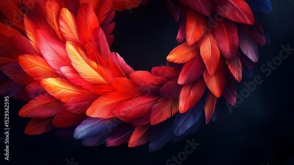 Fototapeta Vibrant Feather Wreath in Red and Blue Colors on Dark Background