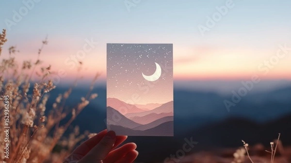 Fototapeta Serene Night: Crescent Moon over Desert Mountains with Papercutting Card Art and Twinkling Stars in Pink Sky