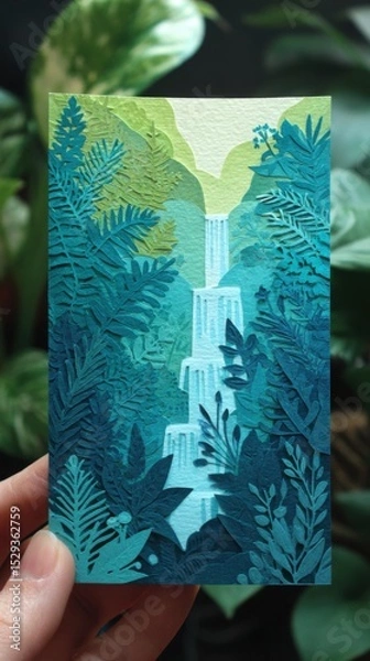 Fototapeta Mystical Jungle Waterfall Papercutting Art - Ethereal Nature Landscape in Pastel Colors Handcrafted on Paper Card