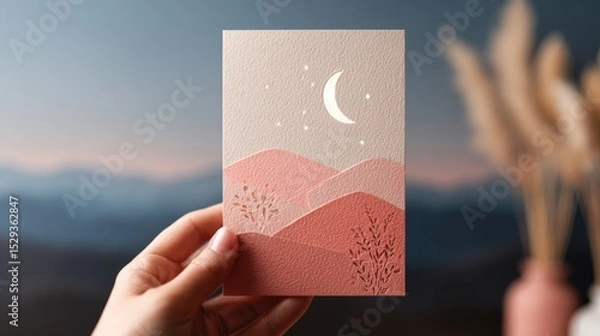 Fototapeta Serene Desert Night - Papercutting Art of Crescent Moon, Mountains, and Reflection on Card