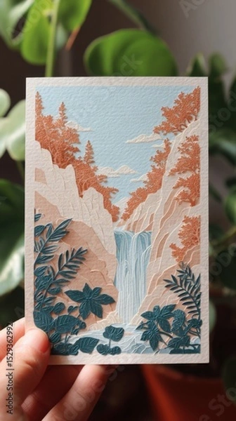 Fototapeta Serene Waterfall and Papercutting Craft in Harmony - Graceful Hand Cutting Artwork Against Peach Cliffs and Blue Sky