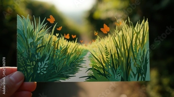 Fototapeta Whimsical Paper-cutting Art of Path in Tall Grass with Butterflies and Sunlight on Card Held in Hand