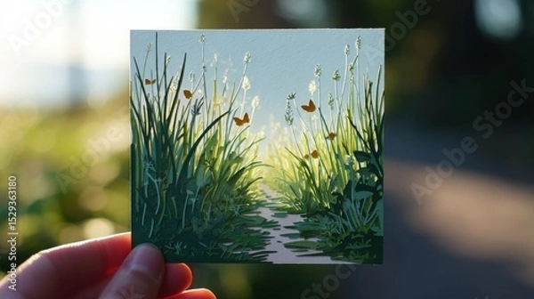 Fototapeta Serene Journey: Hand holding a Papercut Card with Path in Tall Grass, Butterflies, and Pastel Sunlight Filtering Through for Art and Creativity Concept.