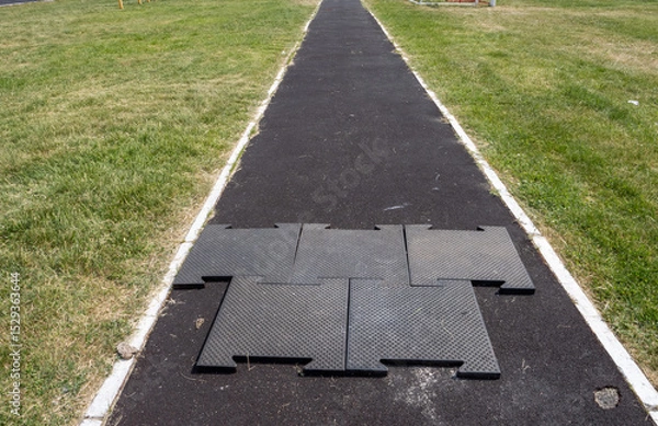 Fototapeta A black and white photo of a path with a black and white mat on the ground