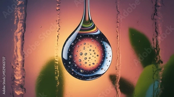 Fototapeta A glass droplet filled with smaller bubbles, hanging against a rain-streaked window with an orange sunset background.