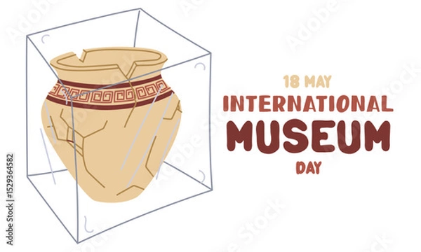 Fototapeta International Museum Day on May 18. broken jug with Greek ornament under glass. Flat color illustration for use in posters, articles, and social media related to science and history. Horizontal banner