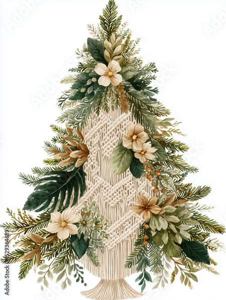 Fototapeta Boho-style Christmas tree crafted from macrame with detailed floral and botanical decorations in soft beige and green, isolated on white background.