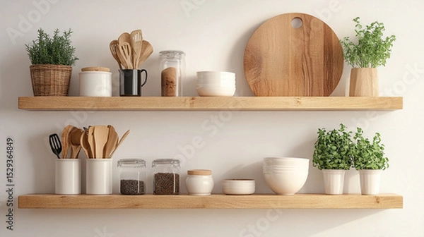 Fototapeta Chic minimalist beige‑and‑white kitchen shelf accented with warm wooden utensils—open, airy, and elegantly practical for daily cooking.