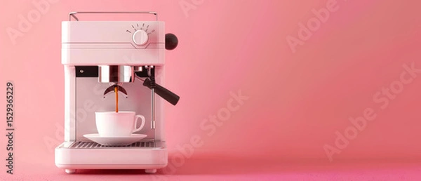 Obraz Pink coffee machine brewing espresso into a cup, set against a soft pink backdrop. Minimal cozy kitchen mockup.	