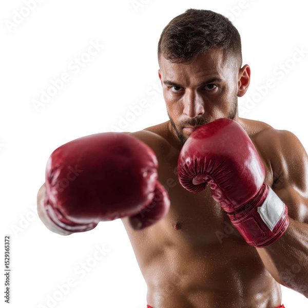 Fototapeta A focused boxer with red gloves in a fighting stance against a black background ready to strike hard