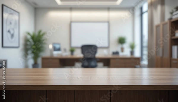 Fototapeta Wooden desk table in focus with video background blur of modern office interior