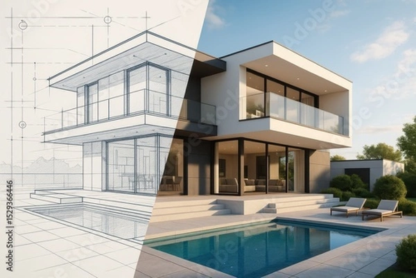 Fototapeta Architectural Dream Home Modern Luxury House Design Emerging from a Detailed Blueprint Plan Transformation Concept