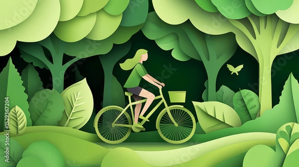 Fototapeta Scene of a person riding a bicycle through forest