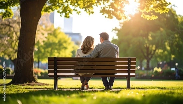 Obraz Couple sitting park bench sunset.