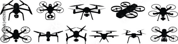 Obraz Collection of black silhouettes of various quadcopter drones with camera, front, back, and side views for technology, aviation, and photography use flat vector illustration