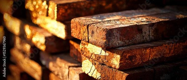Fototapeta Close-up of stacked red bricks with golden shimmer textures and warm lighting. Industrial construction material, abstract backgrounds, architecture, masonry, or building design concepts.	

