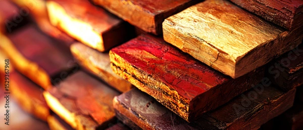 Obraz Close-up of stacked red bricks with golden shimmer textures and warm lighting. Industrial construction material, abstract backgrounds, architecture, masonry, or building design concepts.	
