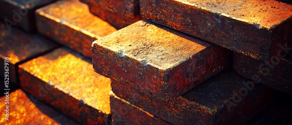 Obraz Close-up of stacked red bricks with golden shimmer textures and warm lighting. Industrial construction material, abstract backgrounds, architecture, masonry, or building design concepts.	
