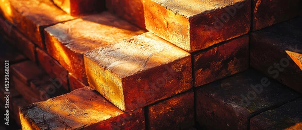 Obraz Close-up of stacked red bricks with golden shimmer textures and warm lighting. Industrial construction material, abstract backgrounds, architecture, masonry, or building design concepts.	
