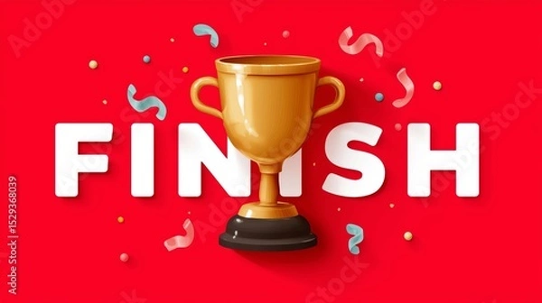 Fototapeta Victory Trophy with Finish Text and Confetti