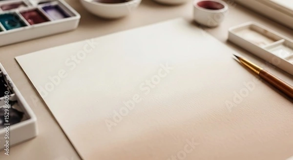 Obraz Watercolor Painting Workspace with Blank Paper Ready for Artistic Creation