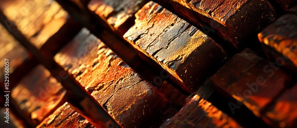Fototapeta Close-up of stacked red bricks with golden shimmer textures and warm lighting. Industrial construction material, abstract backgrounds, architecture, masonry, or building design concepts.	
