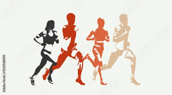 Fototapeta Athletics, track and field runners, group of running men and women. Set of abstract isolated vector silhouettes. Ink drawing